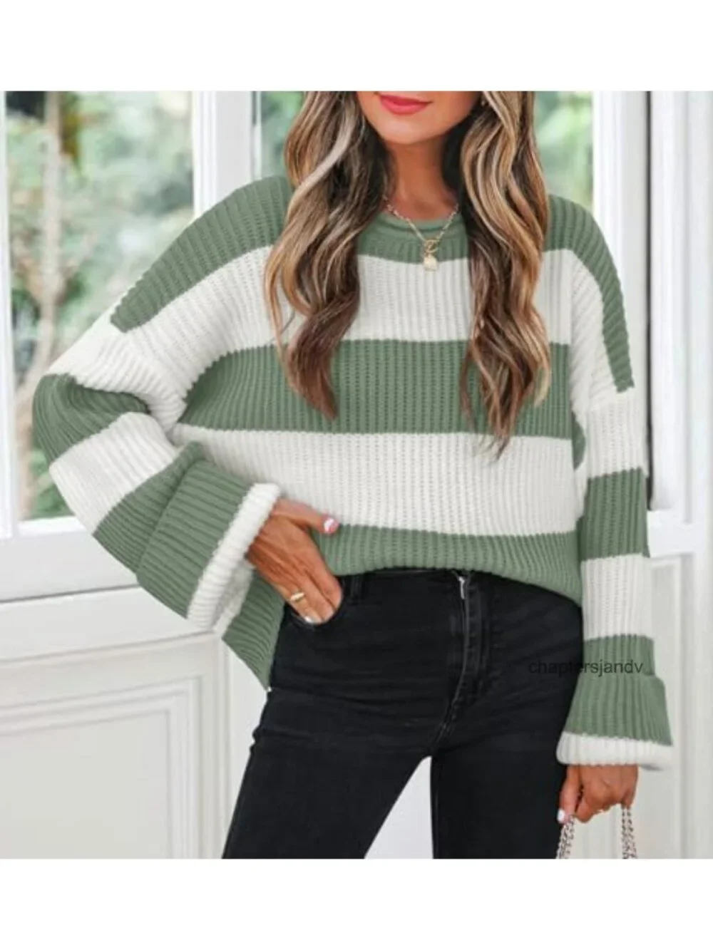 Womens Oversized Striped Knit Sweater Pullover Long Sleeve Crew Neck